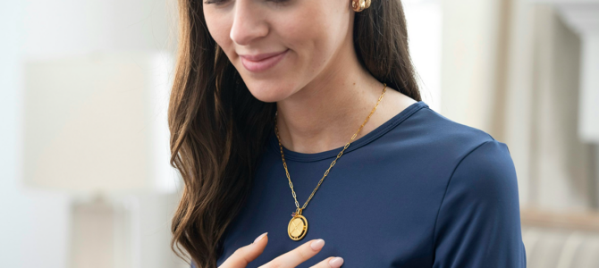 woman wearing remembrance jewelry necklace