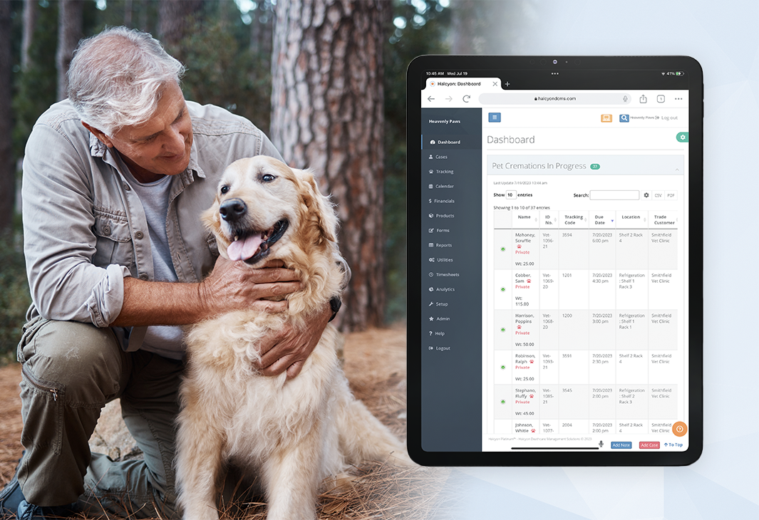 Technology solutions pet cremation man with dog