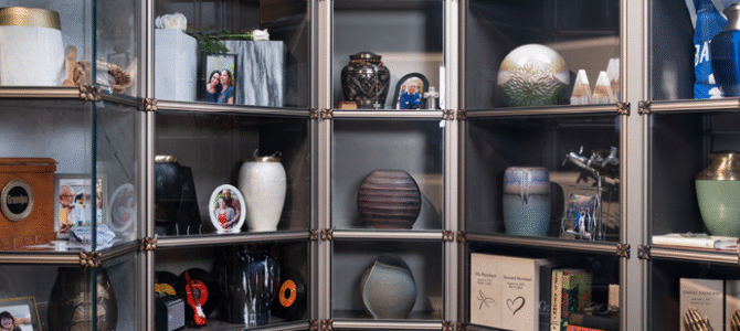 shelves of cremation products
