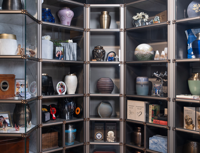 shelves of cremation products